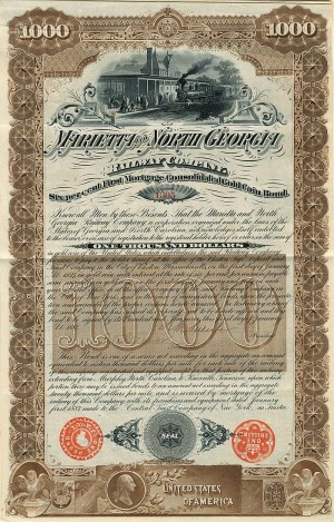 Marietta and North Georgia Railway Co - $1,000 Bond - Gorgeous (Uncanceled)